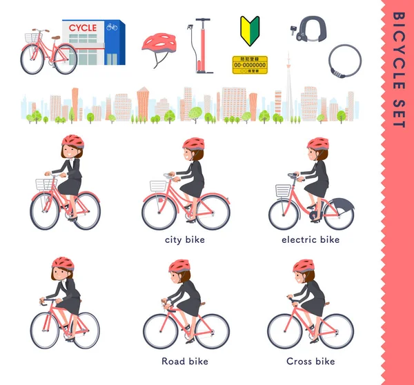 Set Women Riding Various Bicycles Vector Art Easy Edit — Stock Vector