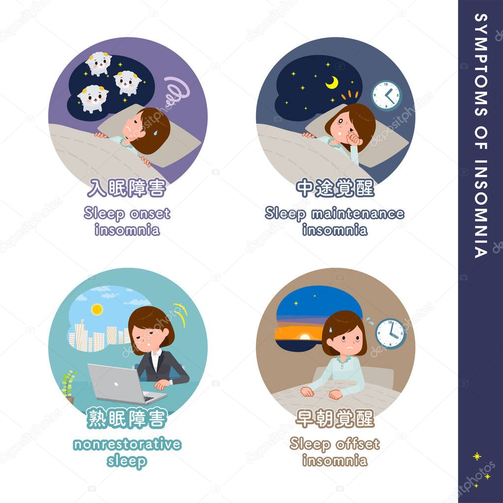 A set of women about the types of sleep disorders.It's vector art so it's easy to edit.