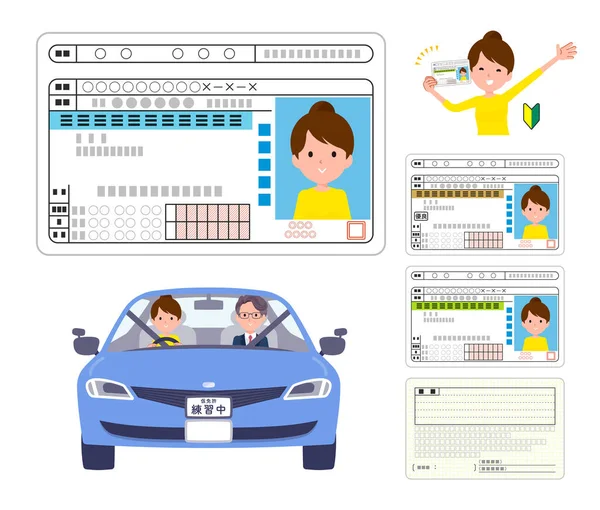 運転免許証を取得した女性のセットです ベクトルアートなので編集も簡単です — ストックベクタ