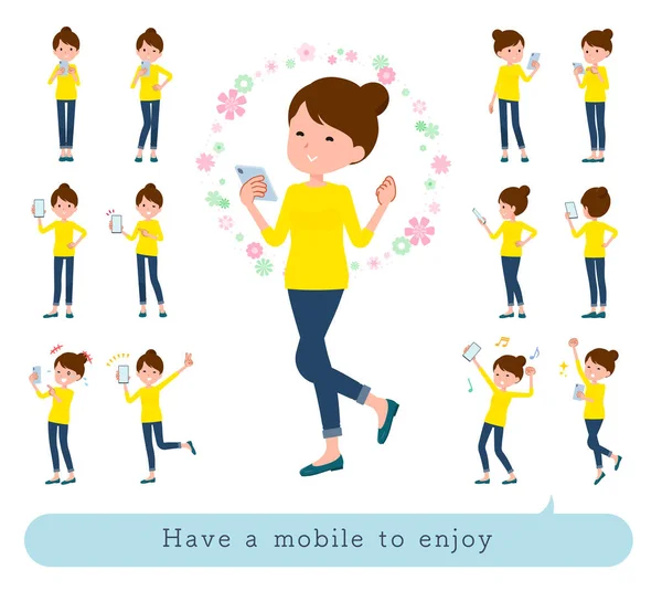 Set Women Enjoy Using Smartphon Positive Emotional Collecte Vector Art — 图库矢量图片