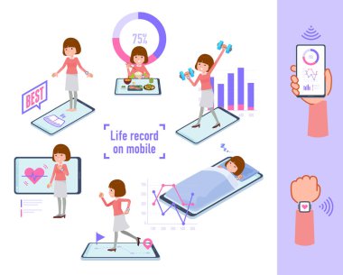 Akıllı telefonlarıyla davranışlarını ve sağlığını kontrol eden bir grup kadın. Düzenlemesi çok kolay vektör sanatı..