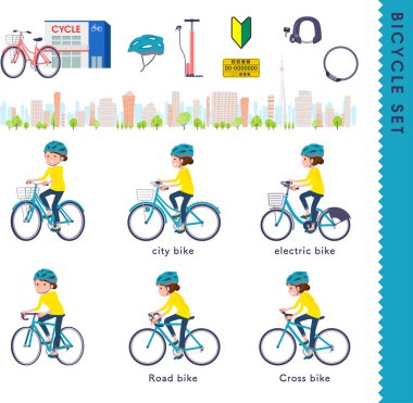 Çeşitli bisikletlere binen bir grup kadın. Bu vektör sanatı, yani montajlaması kolay..