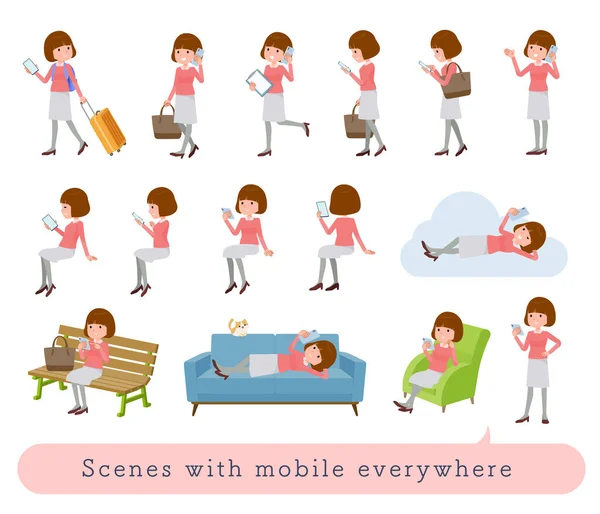 Set Women Who Uses Smartphone Various Scenes Vector Art Easy — Stock Vector