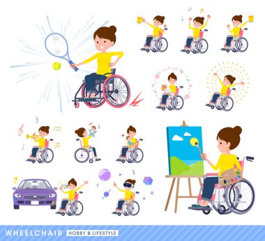 Tekerlekli sandalyedeki bir grup kadın. Hobiler ve yaşam tarzı hakkında. Düzenlemesi çok kolay vektör sanatı..