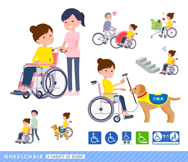 Zestaw Kobiet Wózku Inwalidzkim Przedstawia Różne Sytuacje Użytkowników Wózków Inwalidzkich — Wektor stockowy