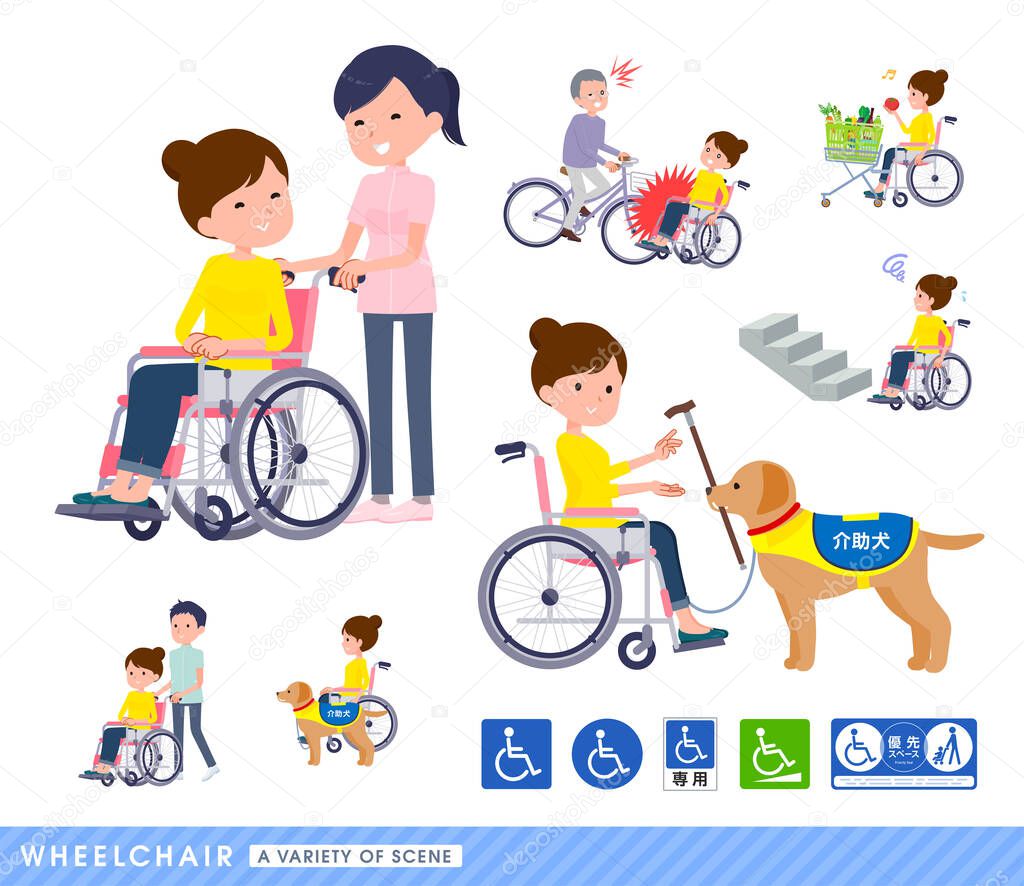 A set of women in a wheelchair.It depicts various situations of wheelchair users.It's vector art so easy to edit.