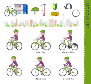 Çeşitli bisikletlere binen bir grup yaşlı kadın. Vektör sanatını düzenlemek çok kolay..