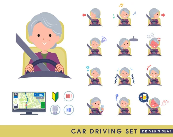 Conjunto Mujeres Mayores Que Conducen Coche Asiento Conducción Arte Vectorial — Archivo Imágenes Vectoriales