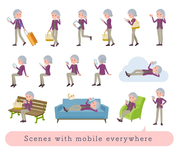Set Senior Women Who Uses Smartphone Various Scenes Vector Art — Stock Vector