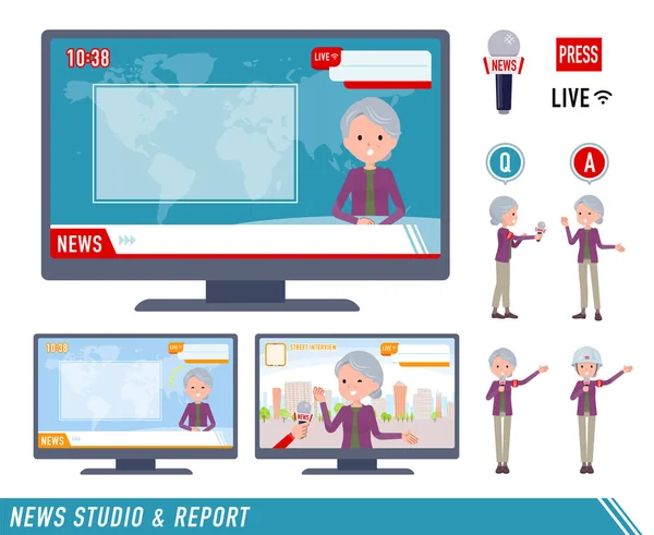 Set Senior Women Appearing News Programs Vector Art Easy Edit — Stock Vector