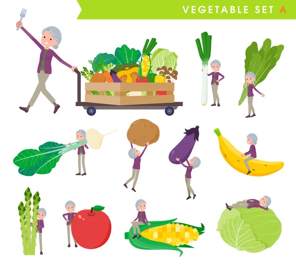 Set Senior Women Vegetables Type Vector Art Easy Edit — стоковый вектор