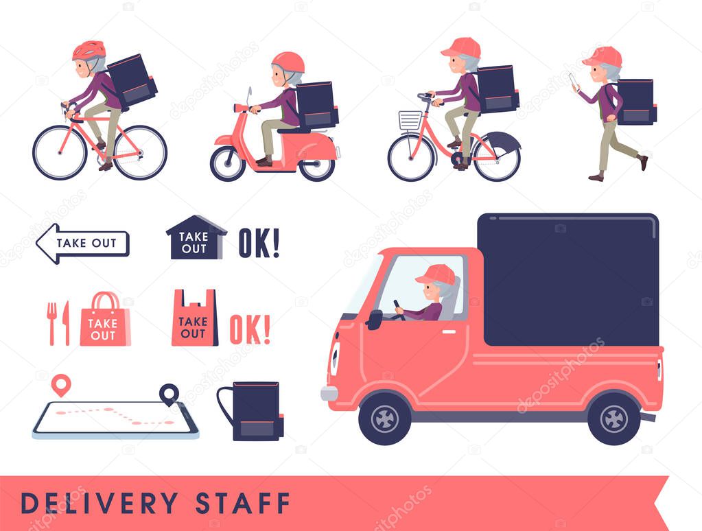 A set of senior women doing delivery.It's vector art so easy to edit.