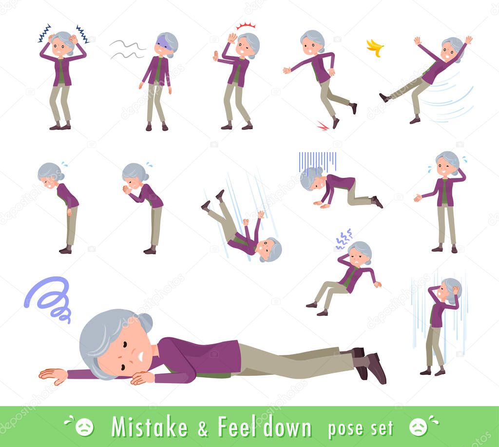 A set of senior women expressing failure and depression.It's vector art so easy to edit.