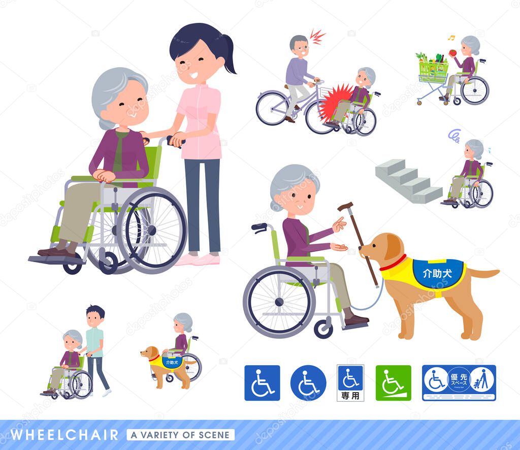 A set of senior women in a wheelchair.It depicts various situations of wheelchair users.