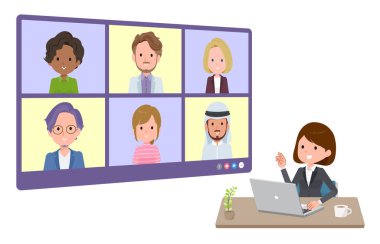 Bir grup kadın birden fazla kişiyle çevrimiçi toplantı yapıyor. Bakış açısı. Vektör sanatını düzenlemek çok kolay..