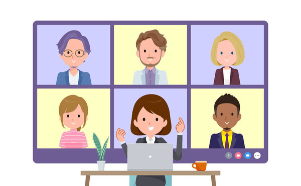 A set of women having an online meeting with multiple people. Front angle.It's vector art so easy to edit.