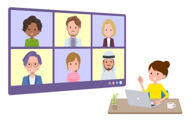 Bir grup kadın birden fazla kişiyle çevrimiçi toplantı yapıyor. Bakış açısı. Vektör sanatını düzenlemek çok kolay..