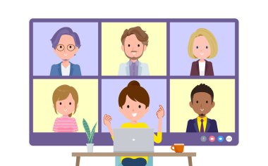 Bir grup kadın birden fazla kişiyle çevrimiçi toplantı yapıyor. Ön açı. Vektör sanatını düzenlemek çok kolay..