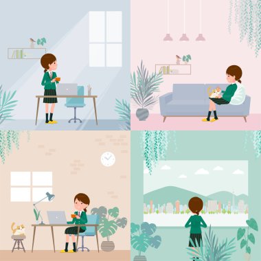 Bir grup liseli kız odada dinleniyor. Vektör sanatını düzenlemek çok kolay..