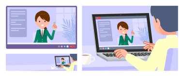 Bir grup liseli kız görüntülü konuşma yapıyor. Vektör sanatını düzenlemek çok kolay..