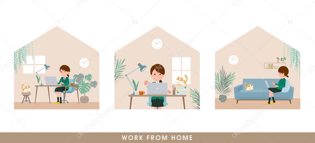 A set of schoolgirl working from home. It's vector art so easy to edit.