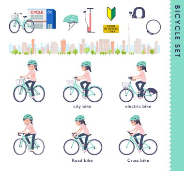 Çeşitli bisikletlere binen bir grup tıbbi personel. Vektör sanatını düzenlemek çok kolay..