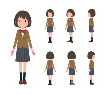 Bir grup liseli kız ayakta duruyor. Ön, yan ve arka açılar. Yönlendirmesi çok kolay..