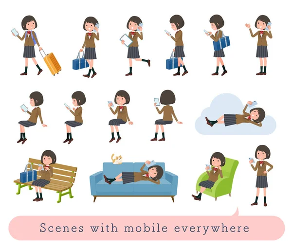Set Schoolgirl Who Uses Smartphone Various Scenes Vector Art Easy — Stock Vector