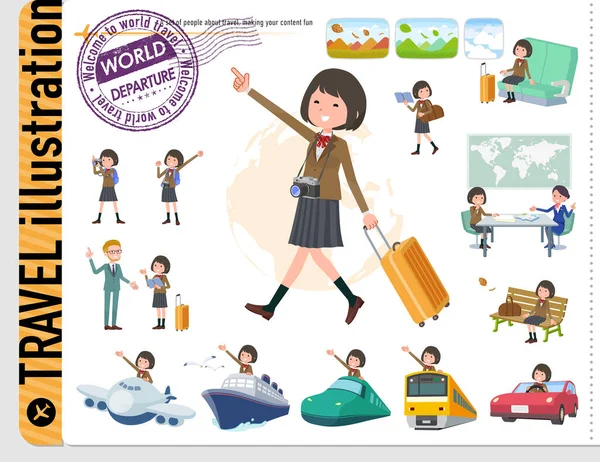 Set Schoolgirl Travel Vector Art Easy Edit — Stock Vector