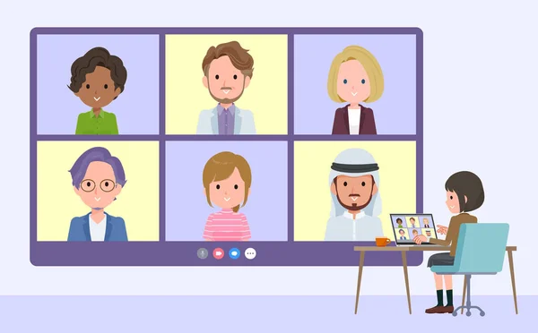 Een Set Van Schoolmeisje Met Een Video Chat Met Meerdere — Stockvector