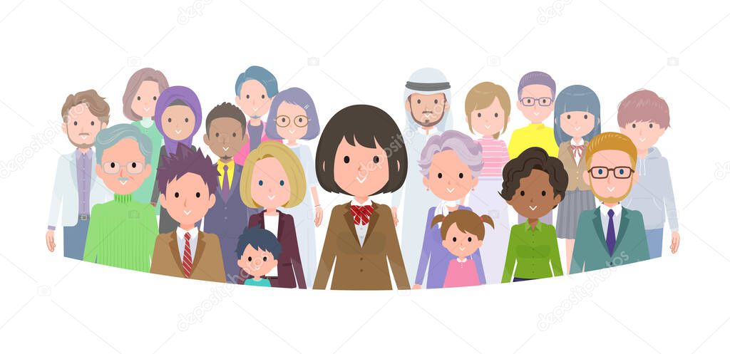 A set of schoolgirl standing in front of a large number of people.It's vector art so easy to edit.