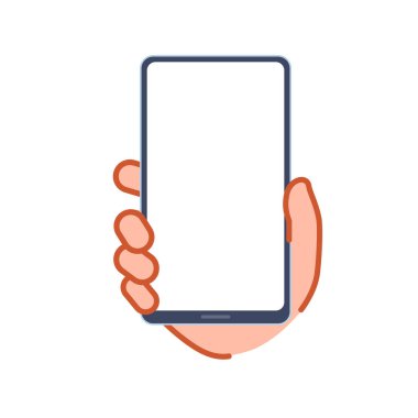 Akıllı telefonu tutan bir el. Düzenlemesi kolay vektör illüstrasyonu.
