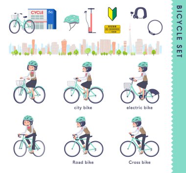 Geliri çeşitli bisikletlere binen bir grup iş kadını