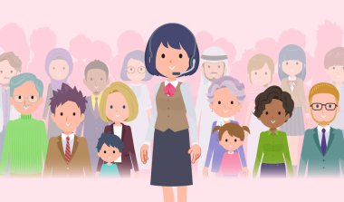 A set of business women with income standing in front of a large number of people clipart