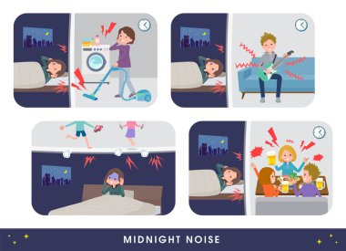 Komşularının gürültüsünden muzdarip orta yaşlı kadınlar. Bu vektör sanatını düzenlemek çok kolay..