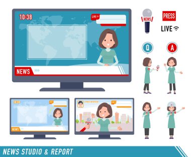 Bir grup orta yaşlı kadın haber programlarında boy gösteriyor. Vektör sanatını düzenlemek çok kolay..