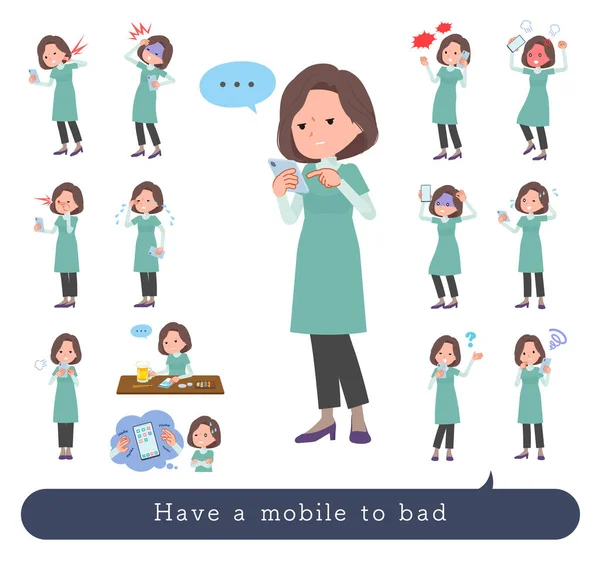 Set Middle Aged Women Tunic Unhappy Using Smartphone Vector Art — Stockvector