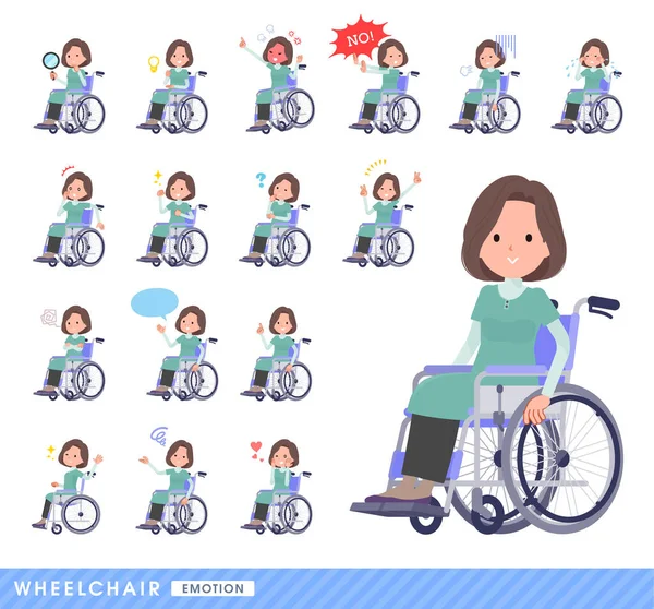 車椅子でチュニックをしている中年女性のセット 笑いや怒り 悩みなどの感情を表現しています — ストックベクタ