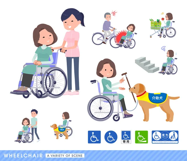 Set Middle Aged Women Tunic Wheelchair Depicts Various Situations Wheelchair — Stockvector