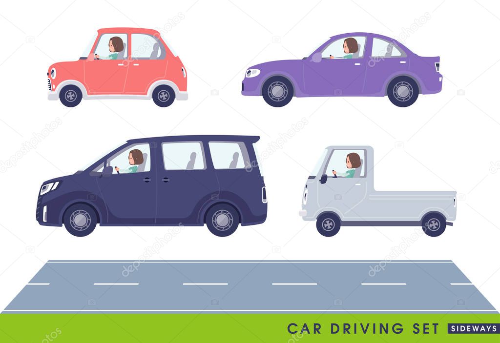 A set of middle-aged women in tunic driving a car(sideways).It's vector art so easy to edit.