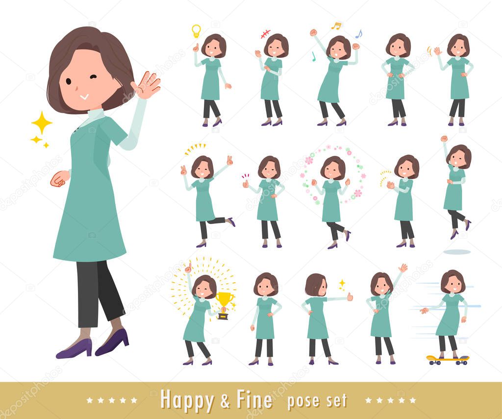 A set of middle-aged women in tunic in a cheerful pose.It's vector art so easy to edit.