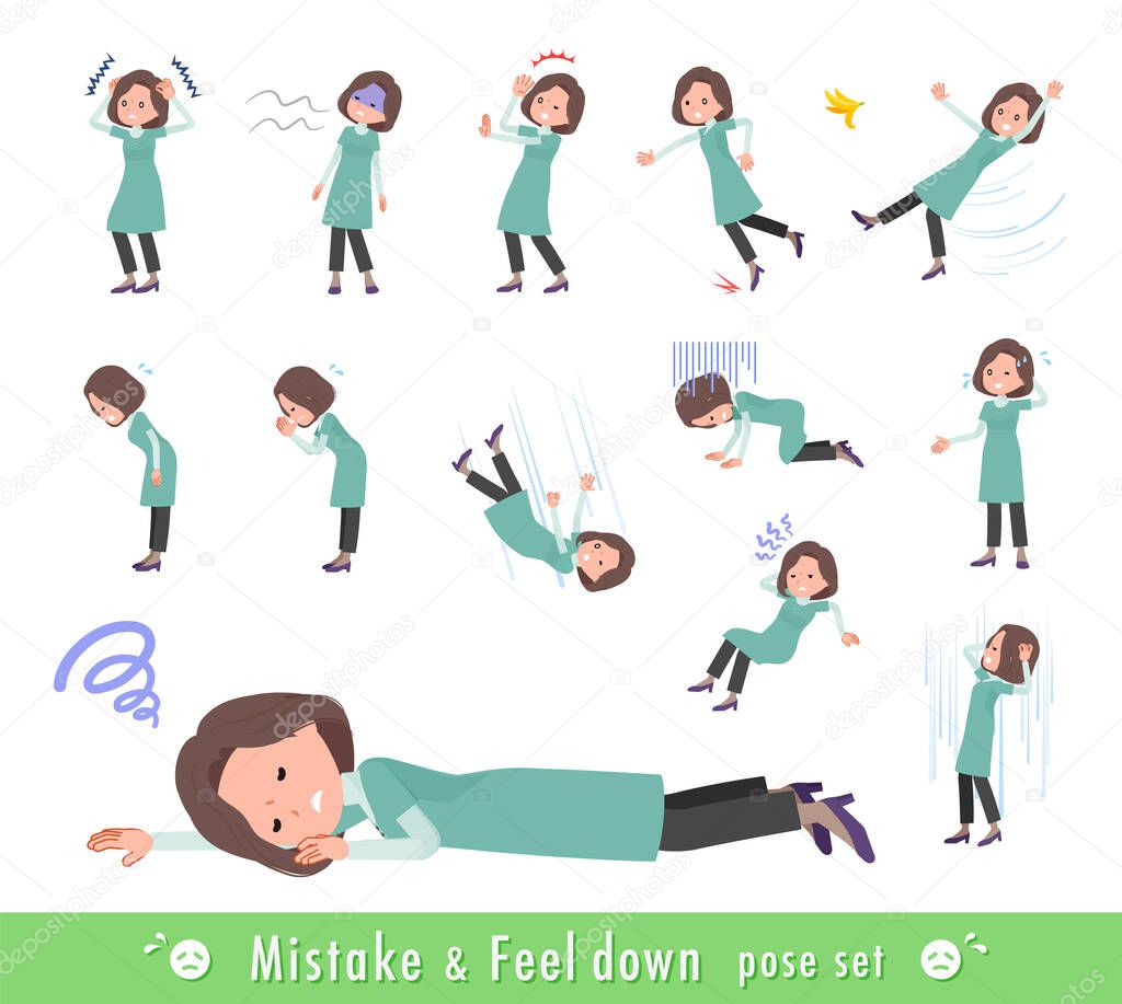 A set of middle-aged women in tunic expressing failure and depression.It's vector art so easy to edit.