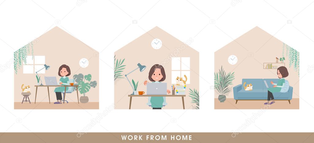 A set of middle-aged women in tunic working from home. It's vector art so easy to edit.