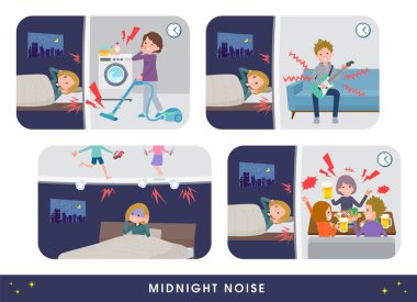 Komşularının gürültüsünden muzdarip kapüşonlu bir grup kadın. Bu vektör sanatını düzenlemek çok kolay..