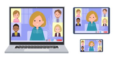 Bir grup kapüşonlu kadın internette toplantı yapıyor. Bir dizüstü bilgisayar, tablet ve akıllı telefon seti. Yönlendirmesi çok kolay..
