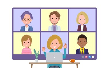 Bir grup kapüşonlu kadın online olarak birçok insanla görüşüyor. Ön açı. Vektör sanatını düzenlemek çok kolay..