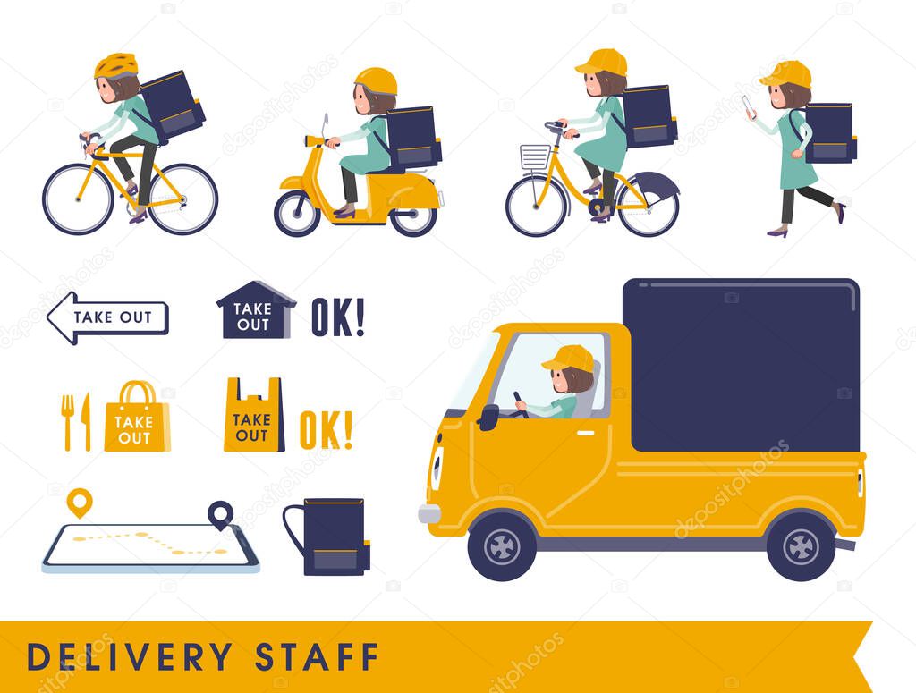 A set of middle-aged women in tunic doing delivery.It's vector art so easy to edit.
