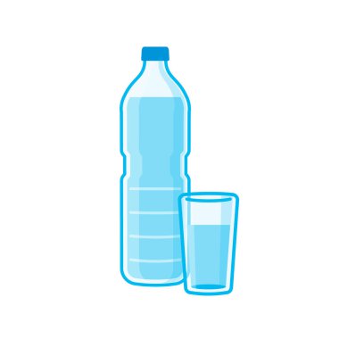 Plastik şişeler ve fincanlar içindeki su. Düzenlemesi kolay vektör illüstrasyonu..