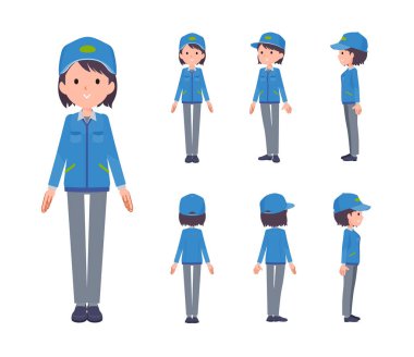 Bir grup teslimatçı kadın ayakta duruyor. Ön, yan ve arka açılar. Yönlendirmesi çok kolay..