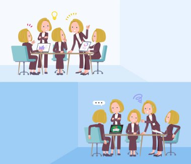 Bir grup sarışın iş kadını intraserebral toplantı yapıyor. Yönlendirmesi çok kolay..